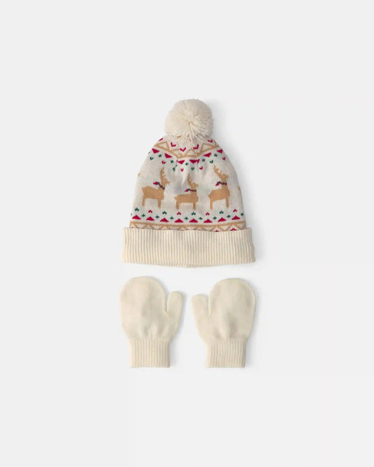Baby 2-Piece Fair Isle Christmas Beanie & Glove Set - Cream