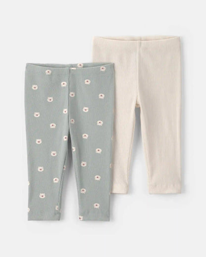 Baby Girl 2-Pack Bear Pull-On Pants - Cream/Green