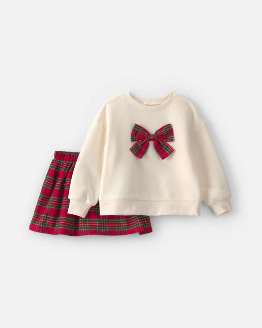 Baby Girl 2-Piece Bow Plaid Fleece Long-Sleeve Top & Skort Set - Cream/Red