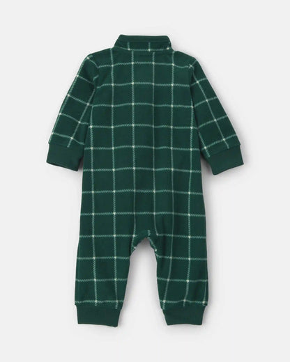 Baby Boy Plaid Fleece Long-Sleeve Jumpsuit - Green