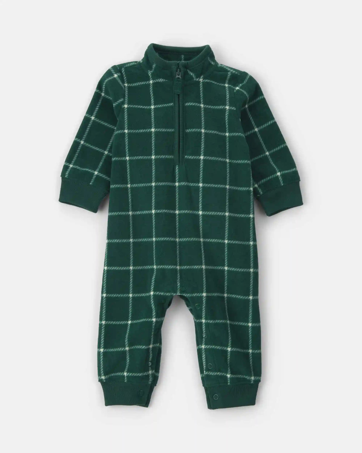 Baby Boy Plaid Fleece Long-Sleeve Jumpsuit - Green