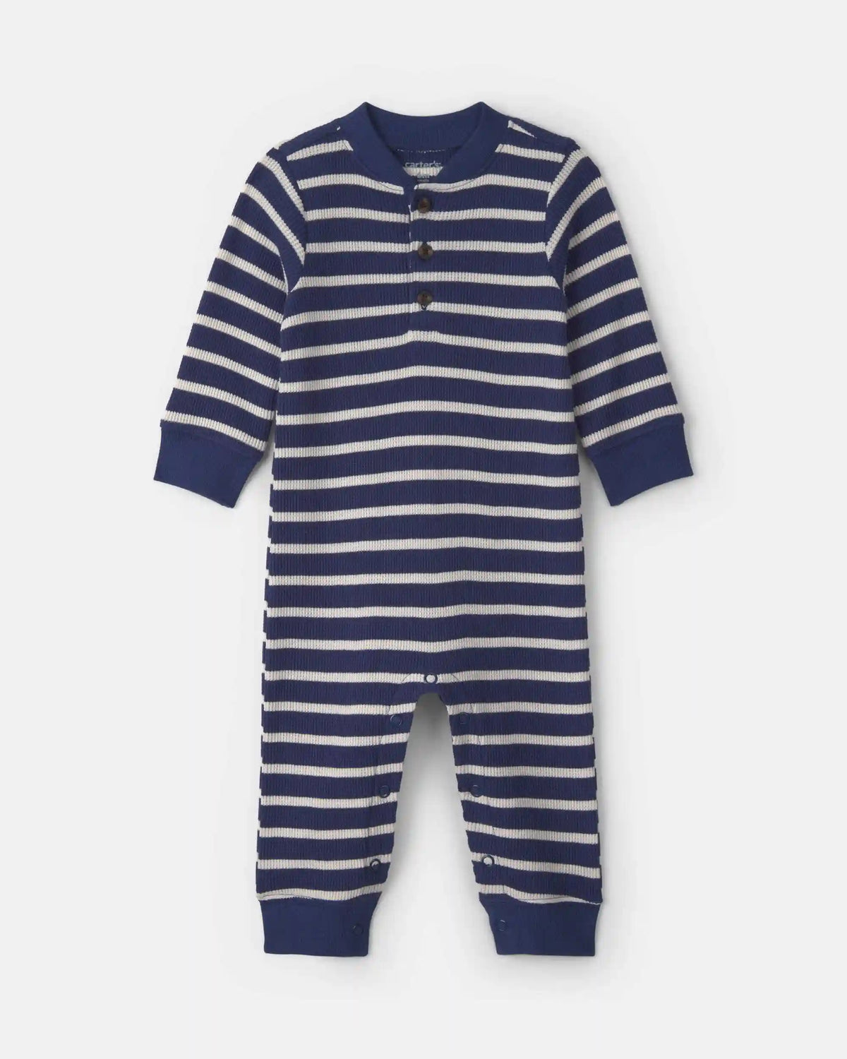 Baby Boy Striped Thermal Long-Sleeve Jumpsuit - Navy Blue
