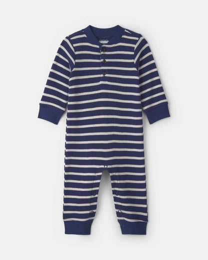 Baby Boy Striped Thermal Long-Sleeve Jumpsuit - Navy Blue