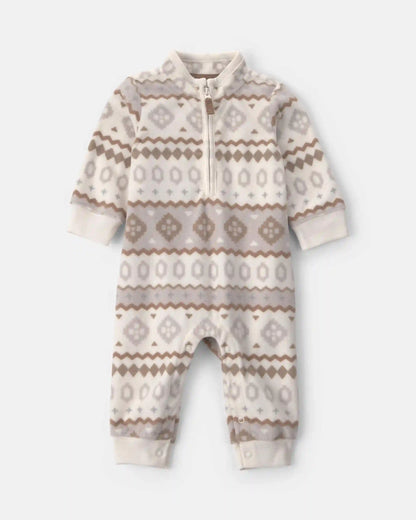 Baby Boy Fair Isle Fleece Long-Sleeve Jumpsuit - Cream/Grey