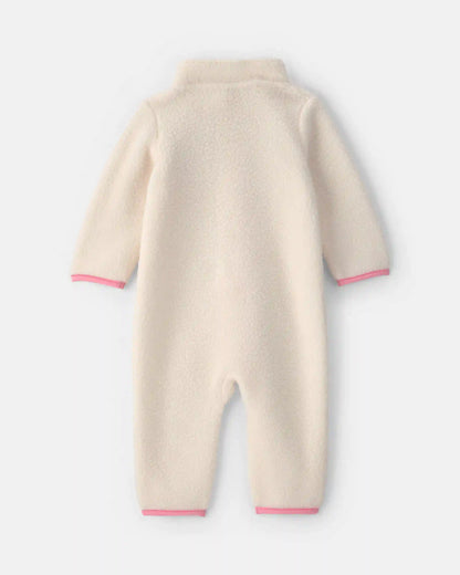 Baby Girl Color Block Fleece Long-Sleeve Jumpsuit - Cream/Pink