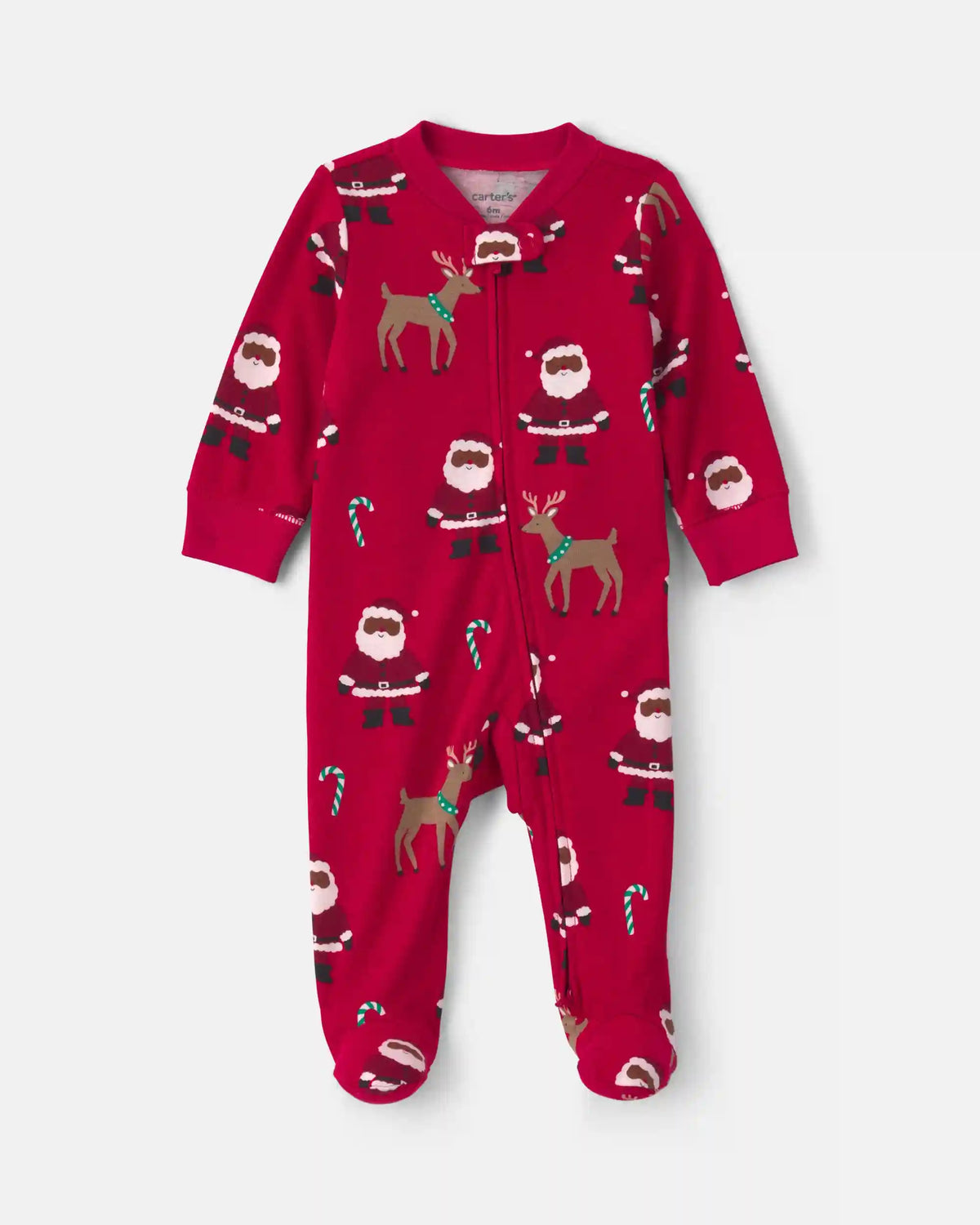 Baby Brown Santa Christmas 100% Cotton 2-Way Zip Sleep & Play Pajamas - Red