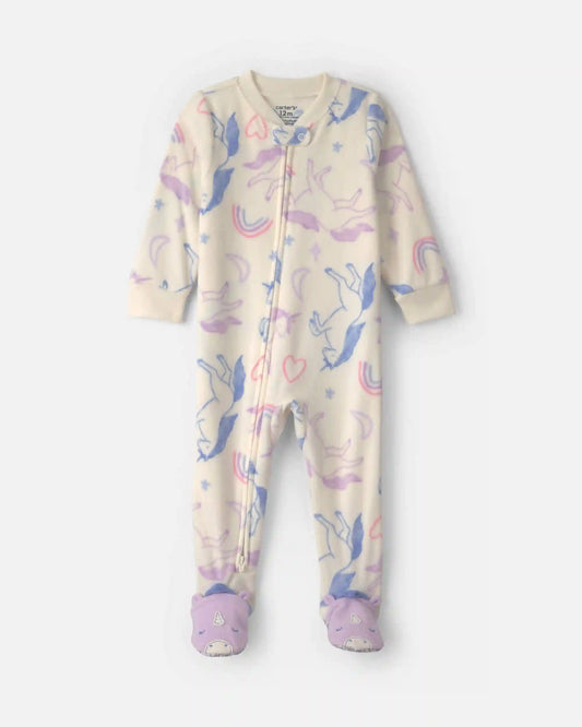 Baby Girl 1-Piece Unicorn 2-Way Zip Fleece Loose Fit Footed Pajama - Cream