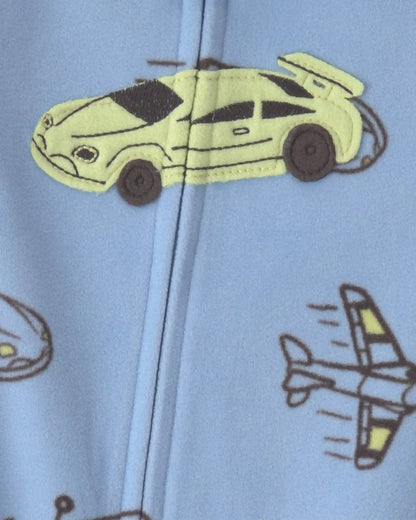 Baby Boy 1-Piece Racecar 2-Way Zip Fleece Loose Fit Footed Pajama - Blue/Green