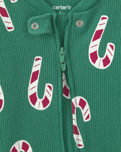 Baby Boy Candy Cane Christmas Thermal Sleep & Play Pajamas - Green