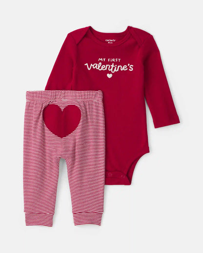 Baby 2-Piece 'My First Valentine's' Long-Sleeve Bodysuit & Pant Set - Red