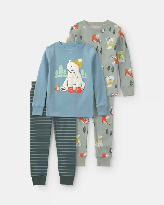 Baby Boy Polar Bear 100% Cotton 4-Piece Pajama Set - Blue/Grey