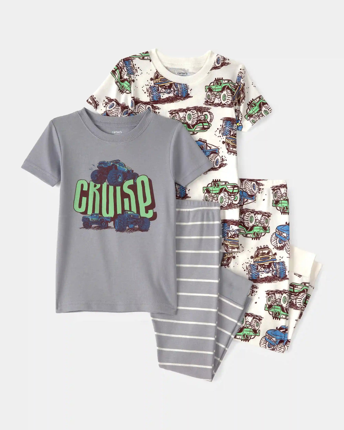 Toddler Boy Monster Truck 100% Cotton Snug Fit 4-Piece Pajama Set - Grey