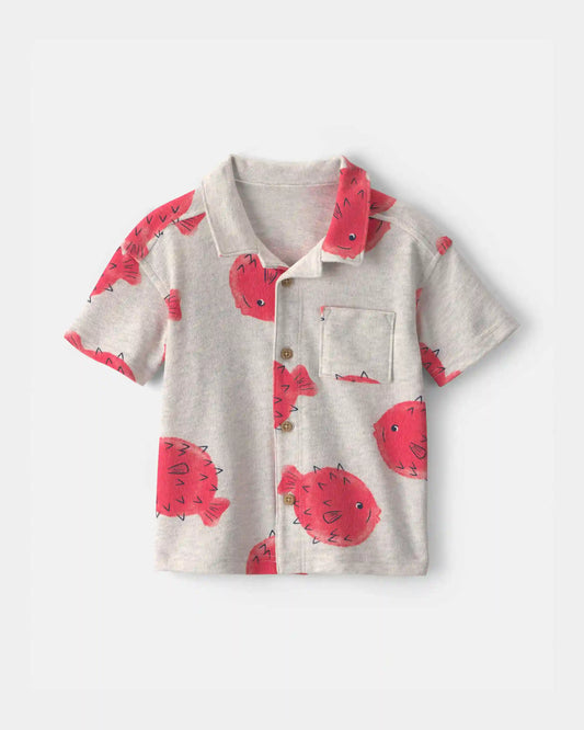 Toddler Boy Pufferfish Short-Sleeve Button-Down Shirt - Grey/Red