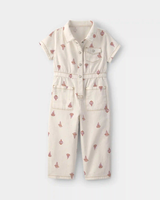 Toddler Girl Floral Short-Sleeve Twill Jumpsuit - Cream