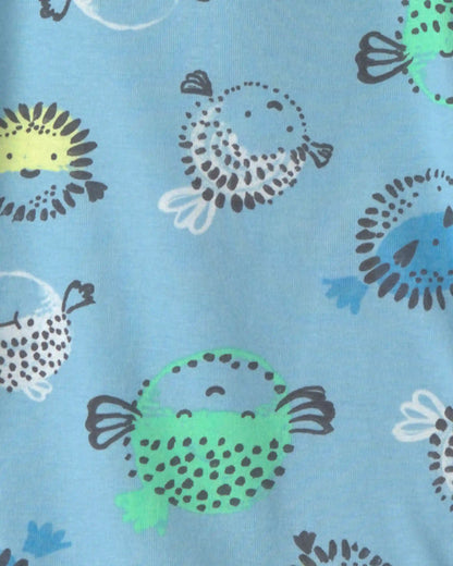 Toddler Boy Pufferfish 100% Cotton 4-Piece Pajama Set - Blue/Yellow