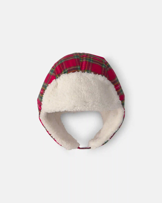 Toddler Boy Christmas Plaid Teddy Fleece Hat - Red