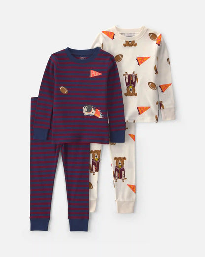 Toddler Boy 4-Piece Dog Striped 100% Cotton Snug Fit Pajama Set - Burgundy/Cream
