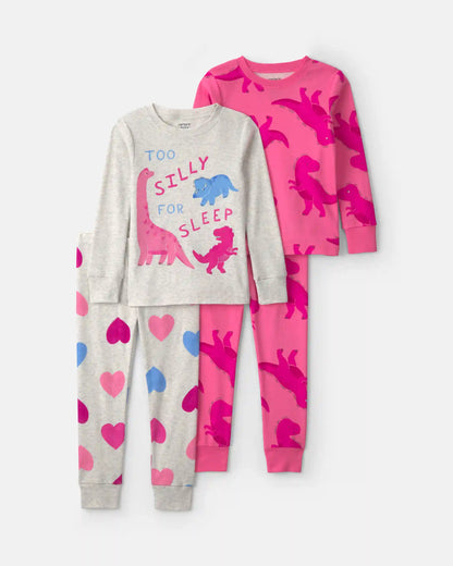 Toddler Girl 4-Piece Dino Heart Cotton Snug Fit Pajama Set - Pink