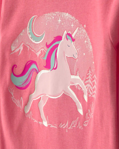 Toddler Girl 4-Piece Unicorn 100% Cotton Snug Fit Pajama Set - Coral/Pink