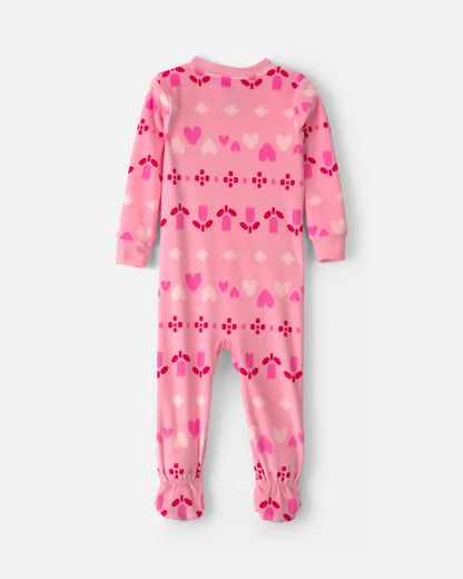 Toddler Girl 1-Piece Heart Fair Isle DreamPlush Snug Fit Footed Pajama - Pink