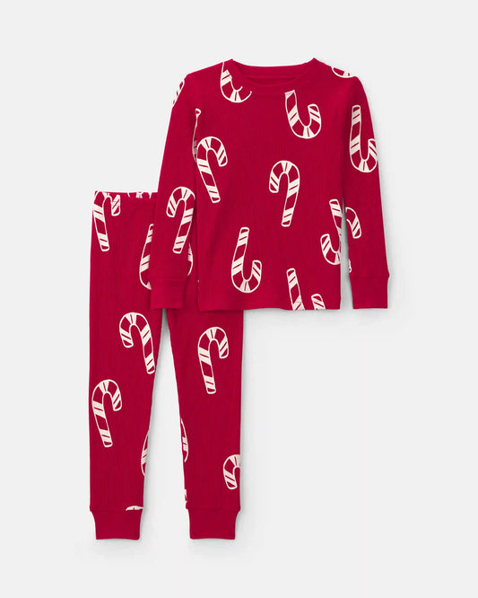 Toddler Candy Cane Christmas Thermal Snug Fit 2-Piece Pajama Set - Red