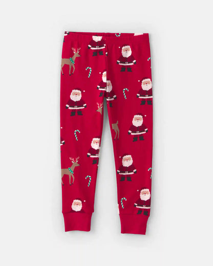 Toddler 2-Piece Beige Santa Christmas 100% Cotton Snug Fit Pajama Set - Red