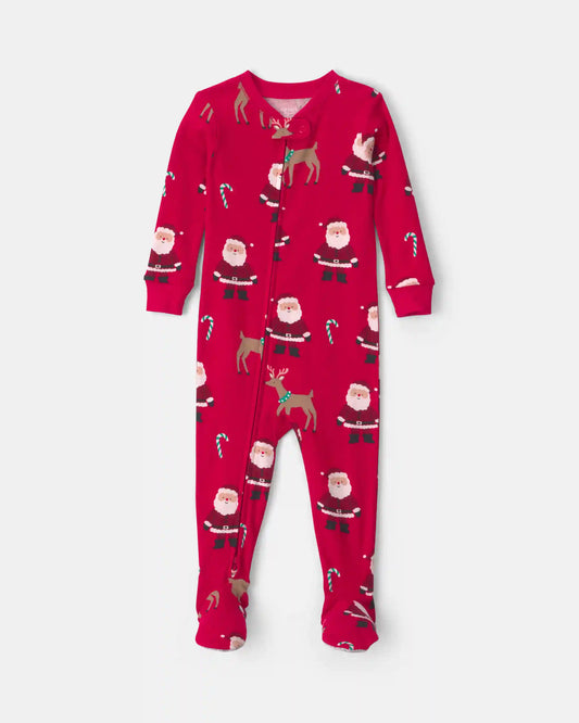 Toddler 1-Piece Beige Santa Christmas 100% Cotton Snug Fit Footed Pajama - Red