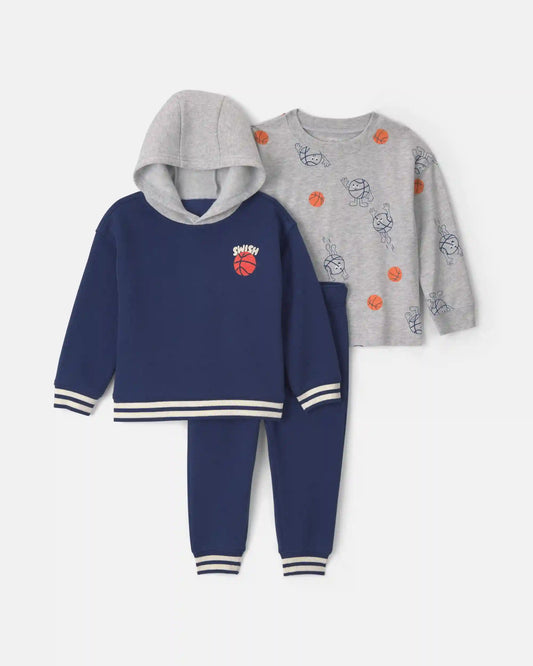 Toddler Boy 3-Piece 'Swish' Basketball Fleece Long-Sleeve Layering Set - Navy Blue/Grey