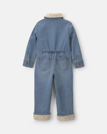 Toddler Boy Teddy Fleece Long-Sleeve Denim Jumpsuit - Medium Wash