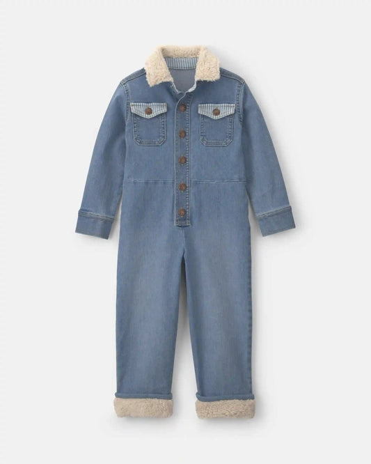 Toddler Boy Teddy Fleece Long-Sleeve Denim Jumpsuit - Medium Wash