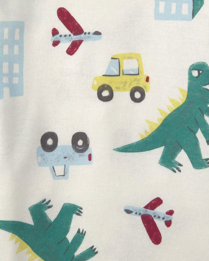 Toddler Boy Dinosaur 100% Cotton 4-Piece Pajama Set - Green/White