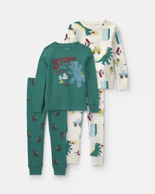 Toddler Boy Dinosaur 100% Cotton 4-Piece Pajama Set - Green/White