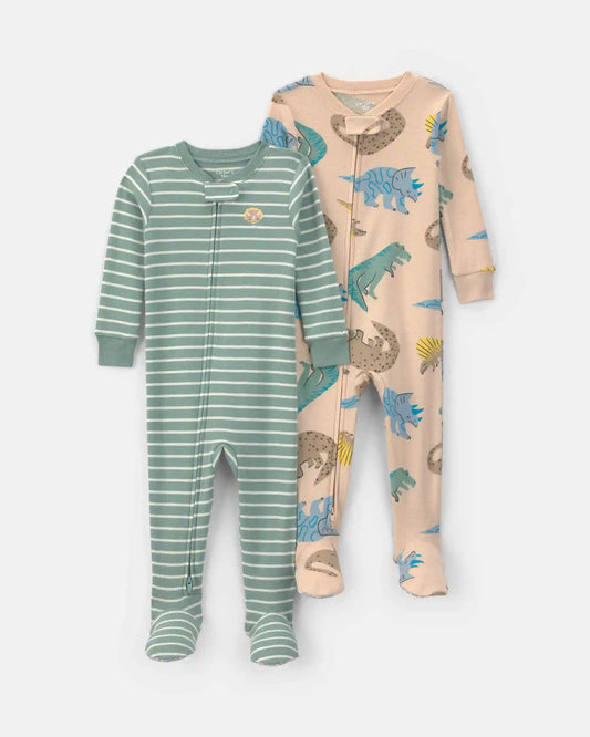 Toddler Boy 2-Pack Dinosaur Striped Cotton Snug Fit 1-Piece Pajama - Green/Khaki