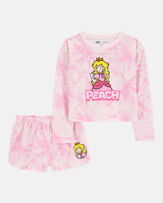 Kid Super Mario Bros™ Princess Peach Print Loose Fit 2-Piece Pajamas - Pink