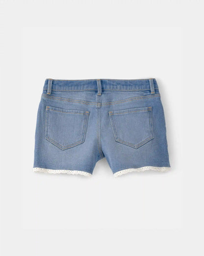 Girls Eyelet Trim Denim Shorts - Medium Wash