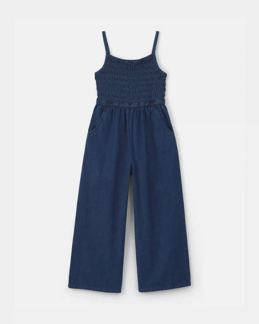 Girls Smocked Denim Wide-Leg Jumpsuit - Dark Wash