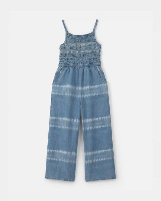 Girls Tie-Dye Smocked Denim Wide-Leg Jumpsuit - Medium Wash