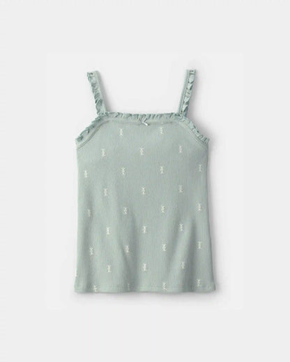 Girls Floral Ribbed Ruffle Tank - Green