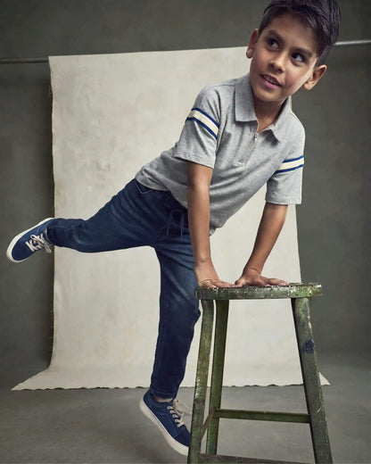 Boys Striped Polo Shirt - Grey/Navy Blue