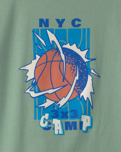 Boys 'NYC Camp' Basketball Long-Sleeve Graphic Tee - Green