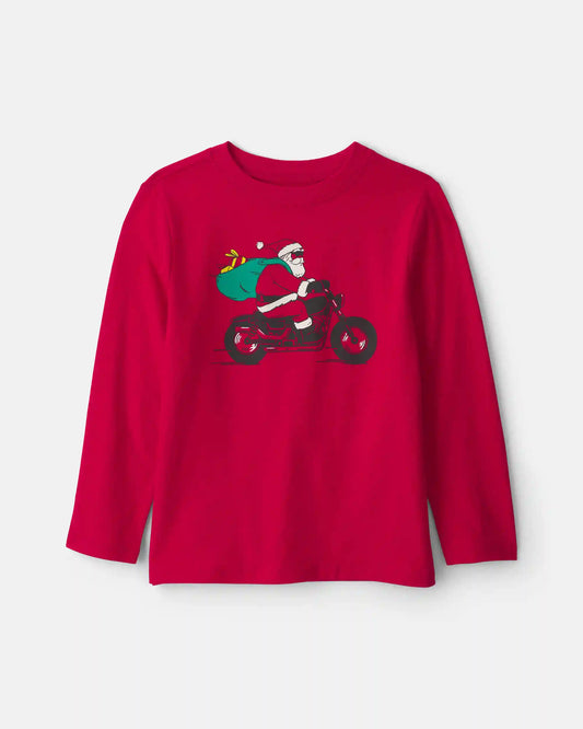 Boys Santa Motorcycle Long-Sleeve Graphic Tee - Red