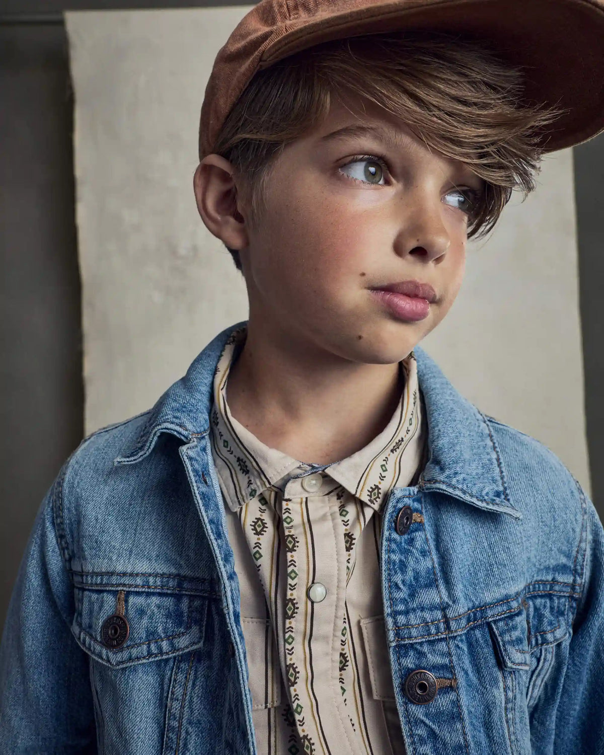 Boys Striped Canvas Button-Down Shirt - Khaki