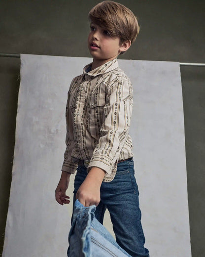 Boys Striped Canvas Button-Down Shirt - Khaki