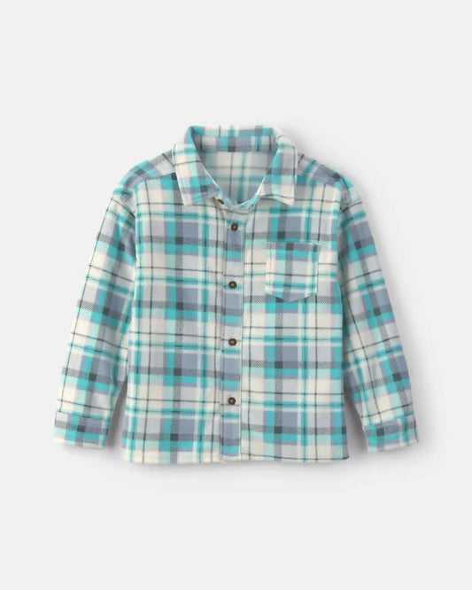 Boys Plaid Fleece Long-Sleeve Button-Down Shirt - Blue