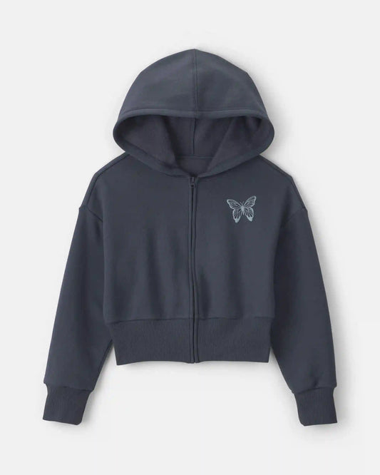 Girls 'Butterfly' Fleece Zip-Up Hoodie - Navy Blue