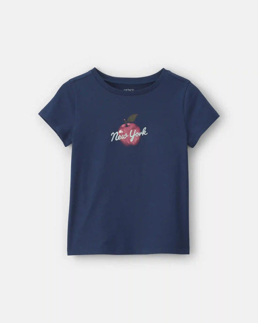 Girls 'New York' Apple Graphic Tee - Navy Blue