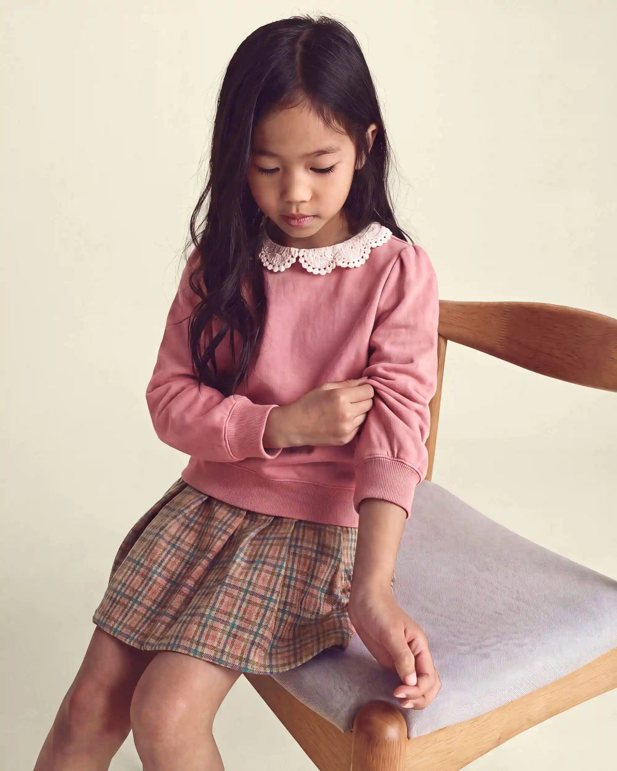 Girls Floral Collar French Terry Pullover Sweatshirt - Pink