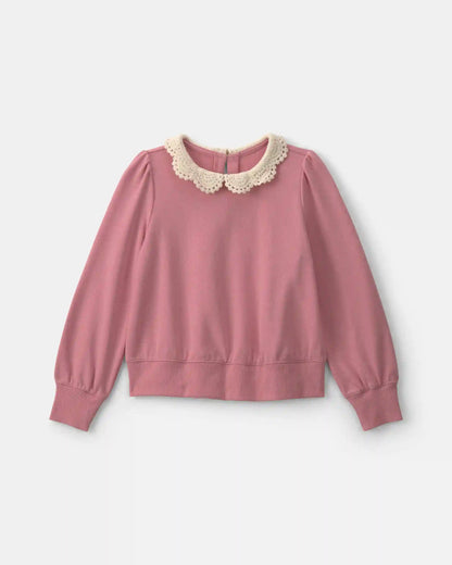 Girls Floral Collar French Terry Pullover Sweatshirt - Pink