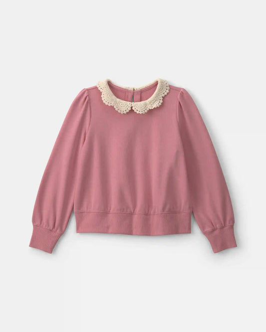 Girls Floral Collar French Terry Pullover Sweatshirt - Pink