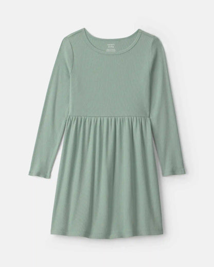 Girls Rib Long-Sleeve Dress - Green
